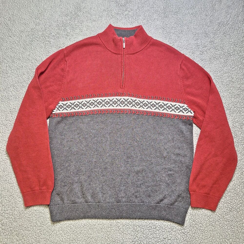 Vintage Roundtree & Yorke Mens L Fair Isle Quarter Zip Sweater Red Gray Holiday
